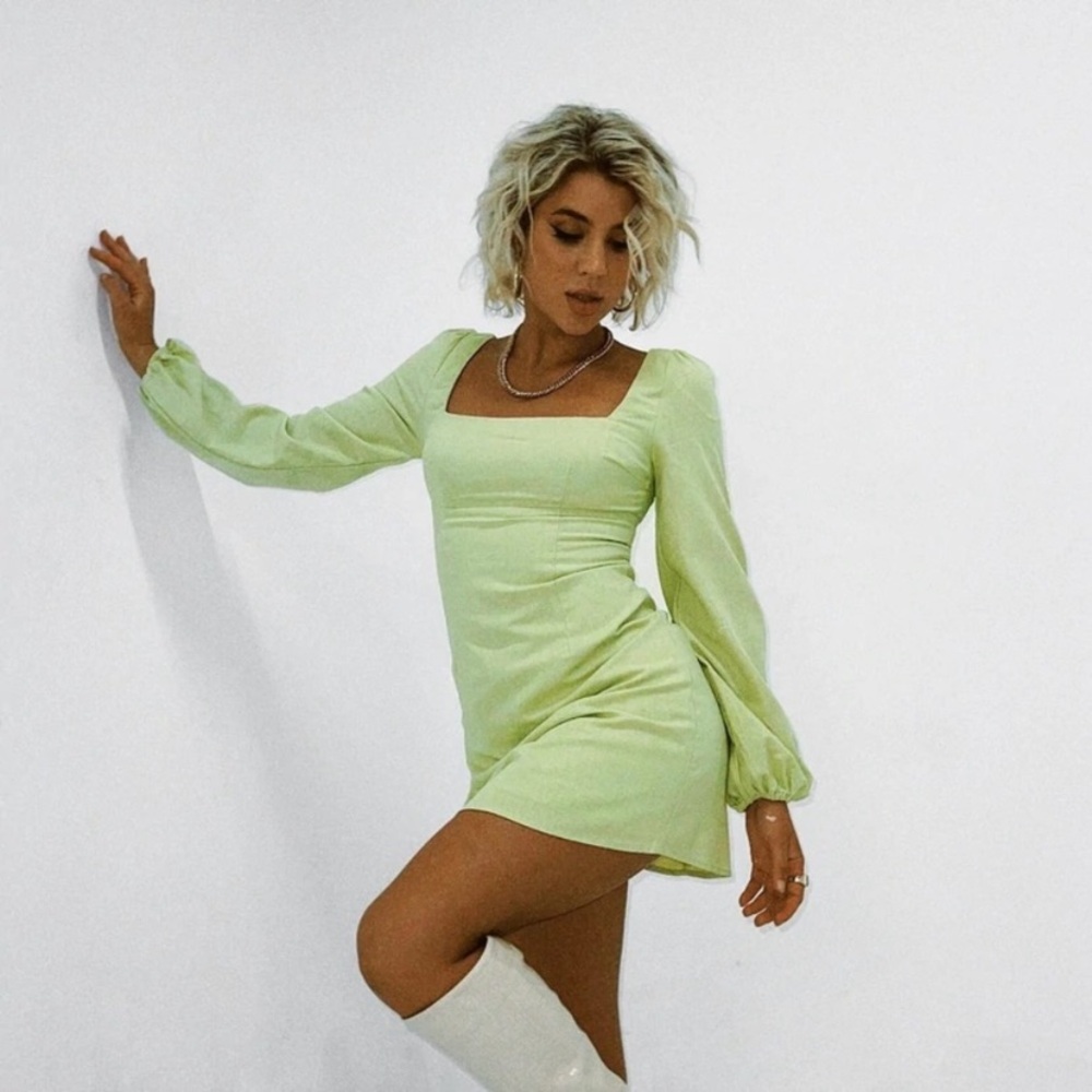Princess‎ Polly HASTINGS LONG SLEEVE MINI DRESS GREEN size 4 linen mix